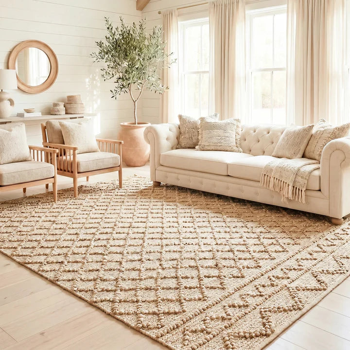 Nira Hand Spun Jute Embroidered Rug with Raised Diamond Trellis, Looped Yarn