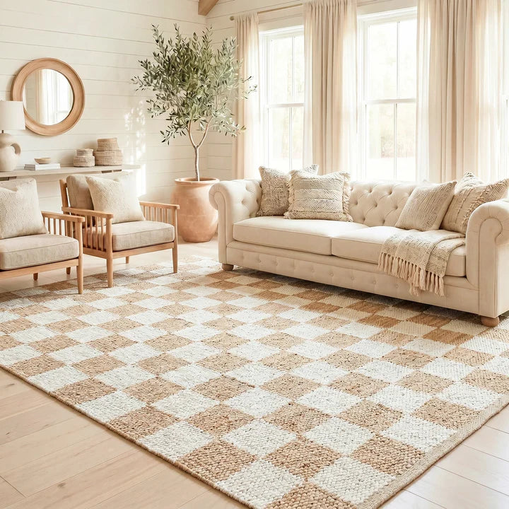Mesa Handwoven Reversible Jute Checkered Area Rug in Beige and Ivory Tones
