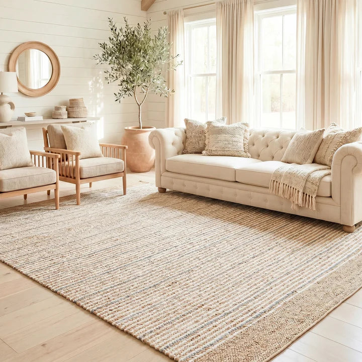 Remi Soft Hand Spun Jute Striped Rug with Wool Accent Stripes